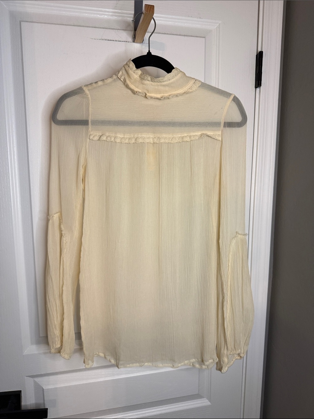 Free People Ivory Sheer Ruffle Mock Neck Blouse 100% Silk
